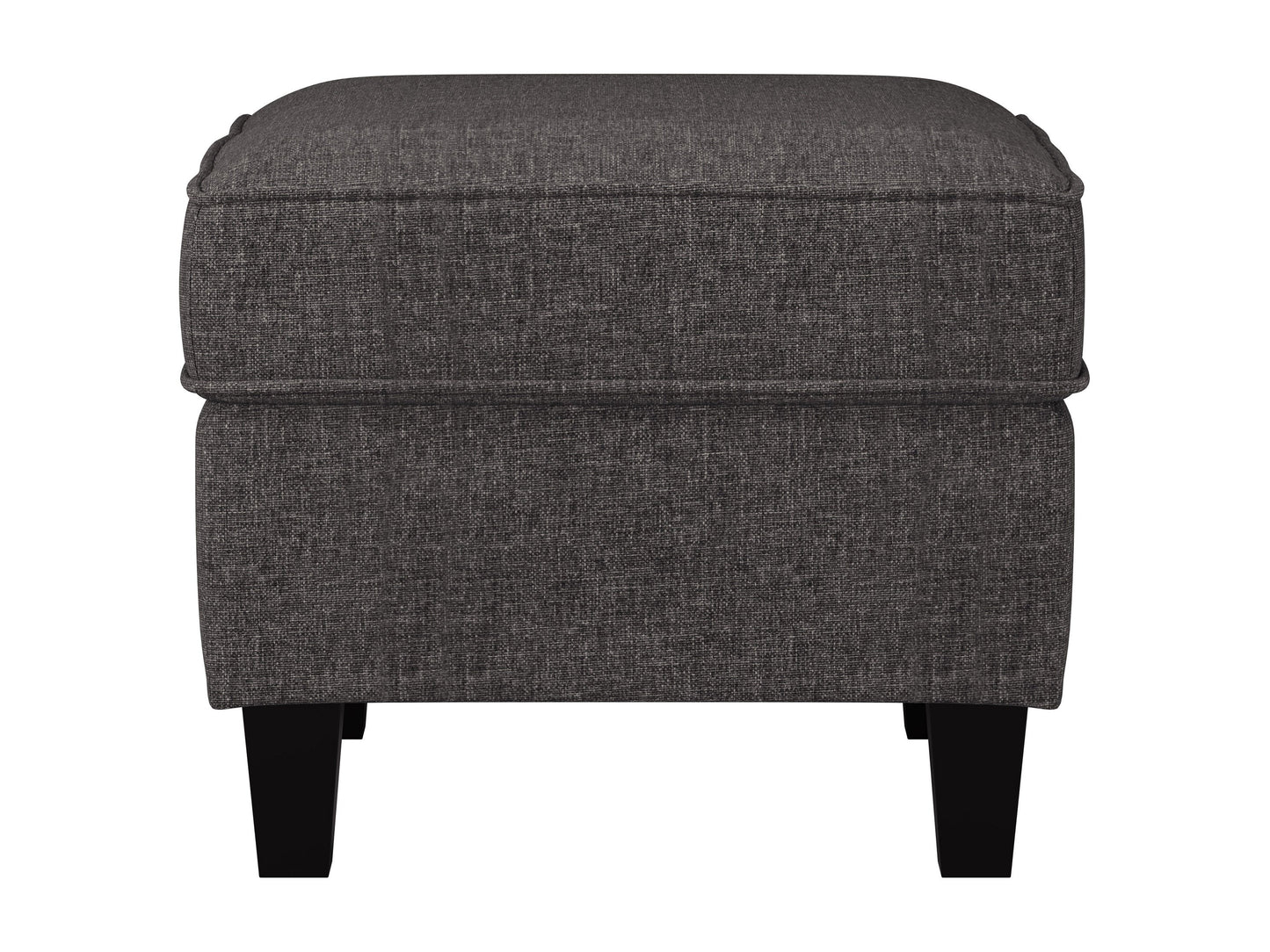 Grey fabric armchair with matching ottoman, wooden legs, and tufted cushions for modern living room.