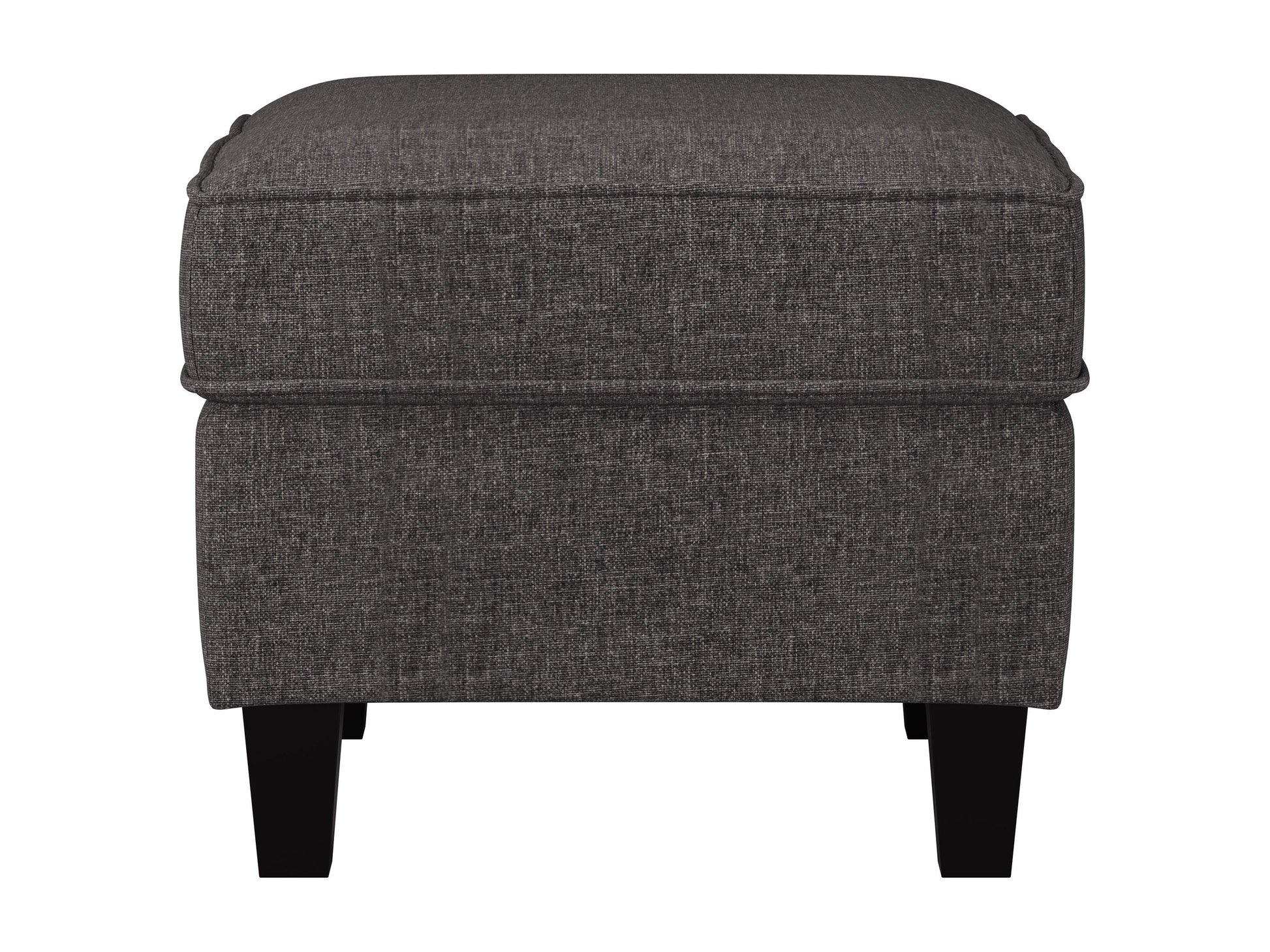 Grey fabric armchair with matching ottoman, wooden legs, and tufted cushions for modern living room.