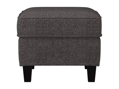 Grey fabric armchair with matching ottoman, wooden legs, and tufted cushions for modern living room.