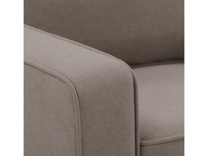 Mid-century modern taupe arm chair with wooden legs and tufted fabric upholstery.