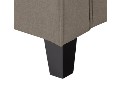 Mid-century modern taupe armchair with wooden legs, tufted cushions, and sleek design.