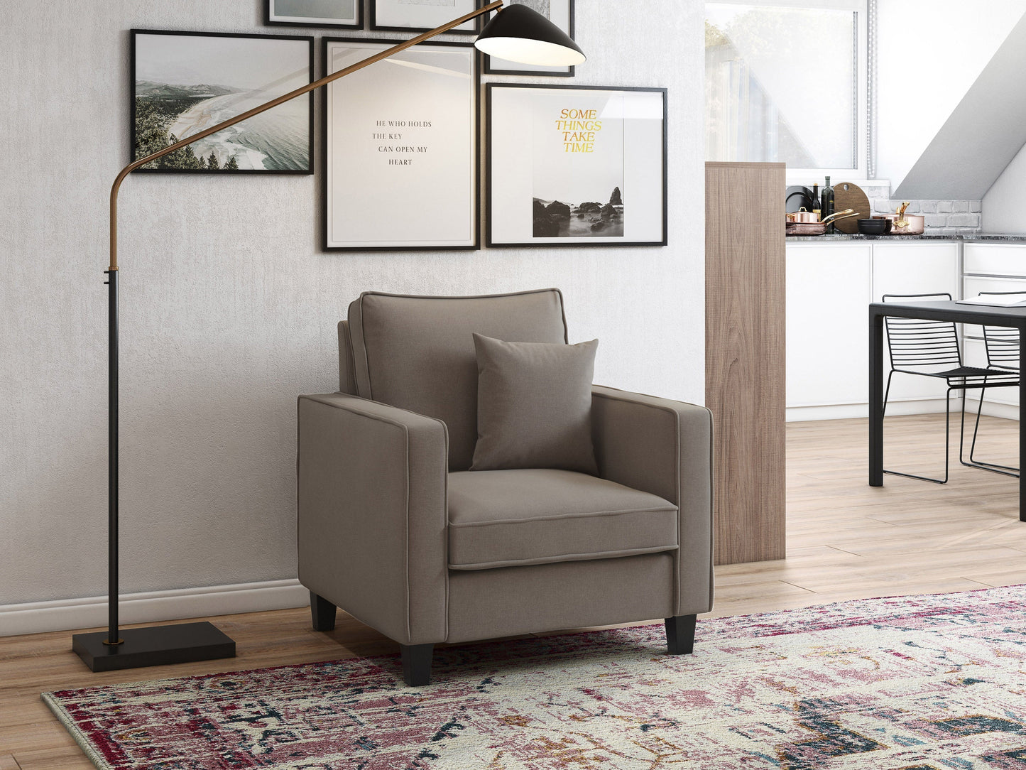 Mid-century modern taupe arm chair with wooden legs and tufted backrest.