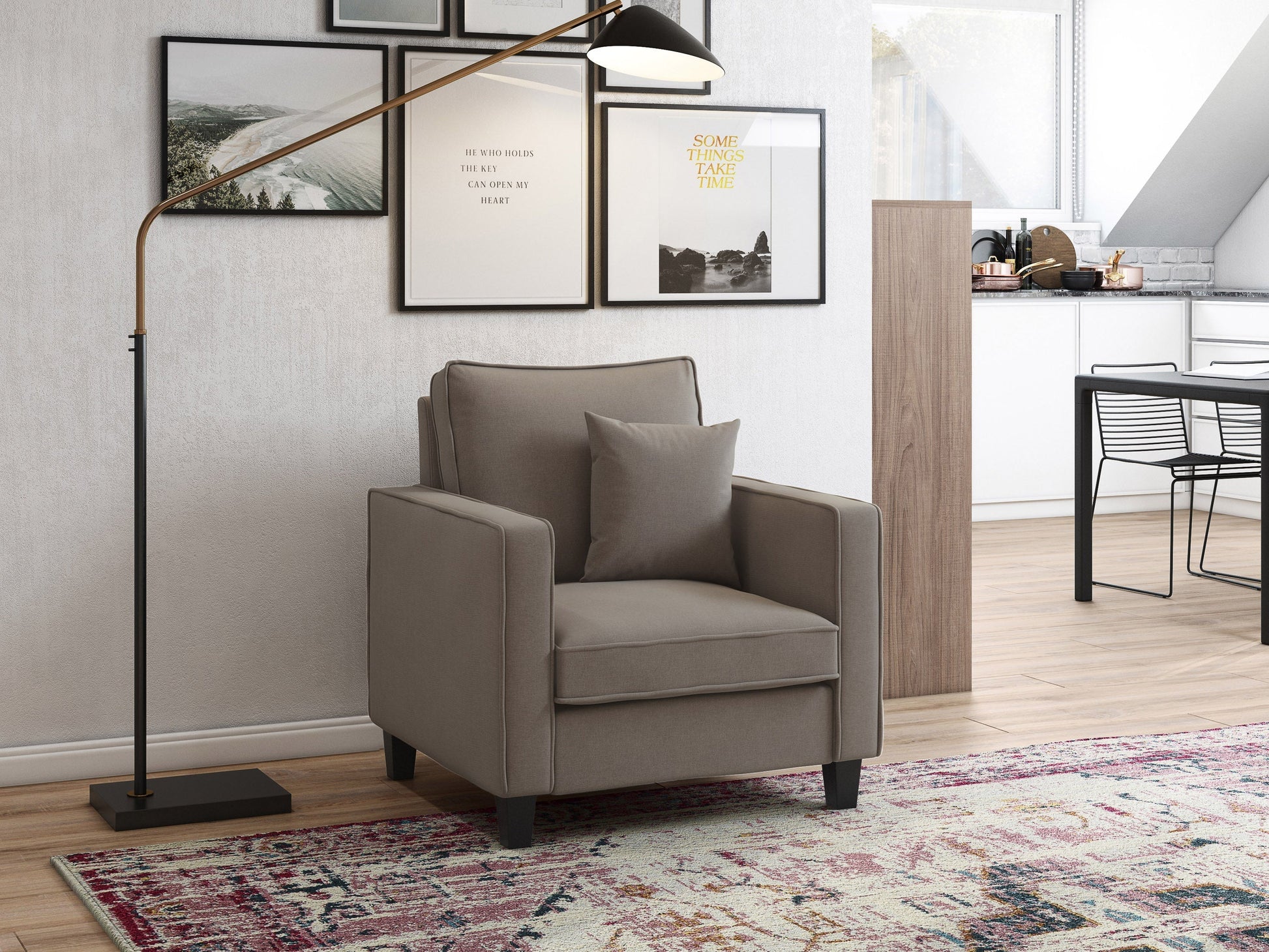 Mid-century modern taupe arm chair with wooden legs and tufted backrest.