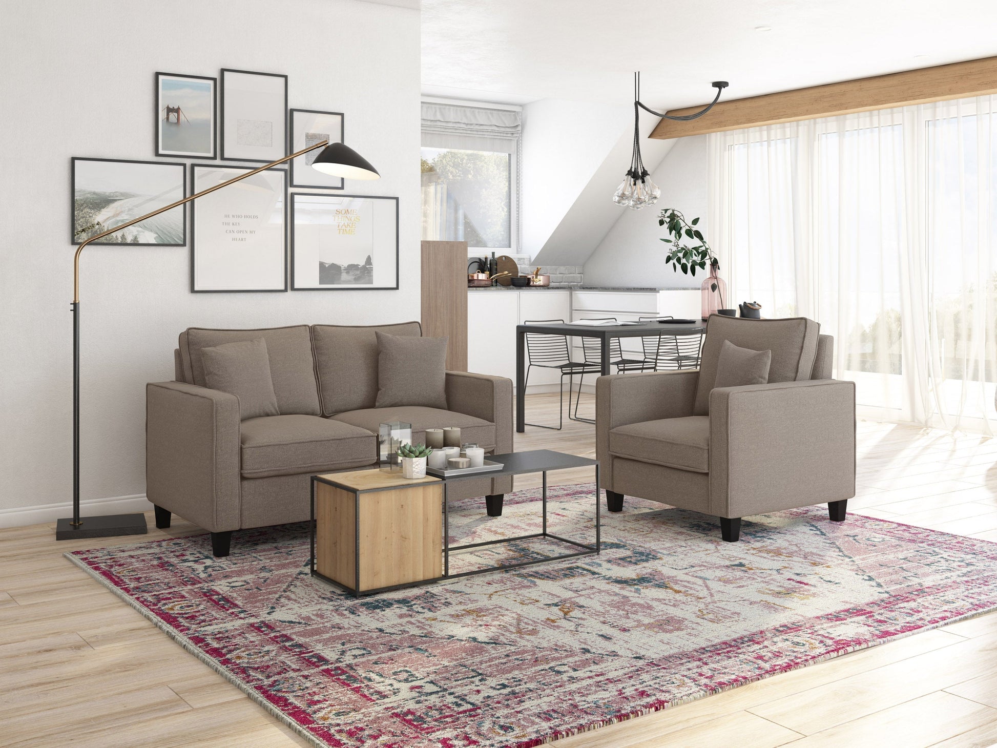 Mid-century modern taupe armchair with wooden legs, tufted back, and sleek design.
