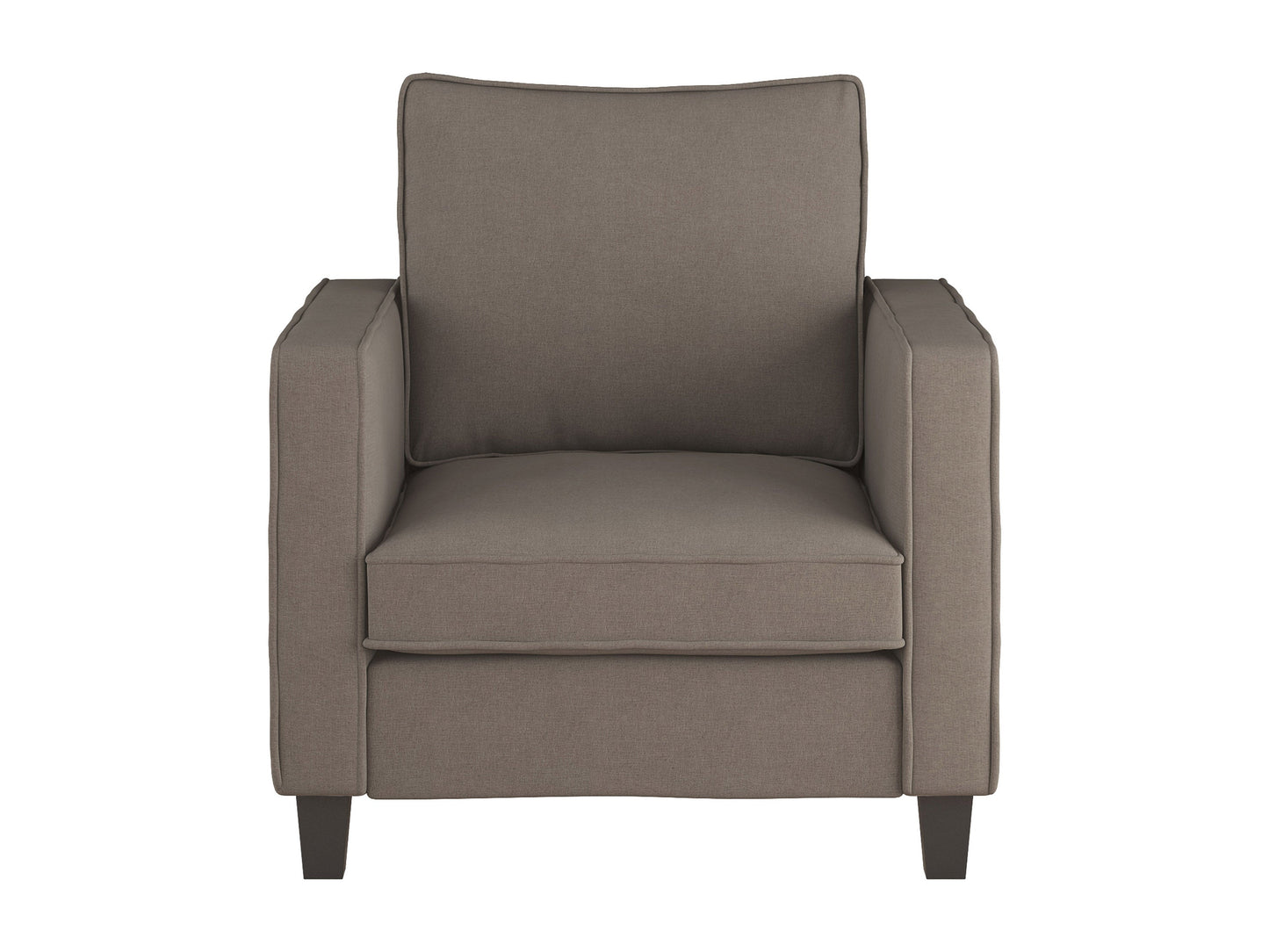 Mid-century modern taupe arm chair with wooden legs, fabric upholstery, and sleek design.