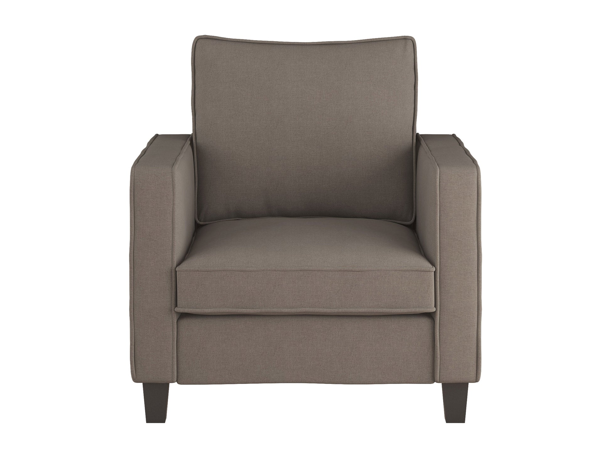 Mid-century modern taupe arm chair with wooden legs, fabric upholstery, and sleek design.