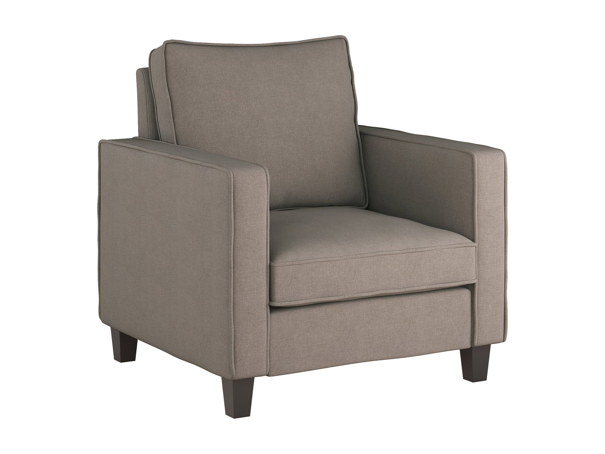 Mid-century modern taupe arm chair with wooden legs and tufted backrest.
