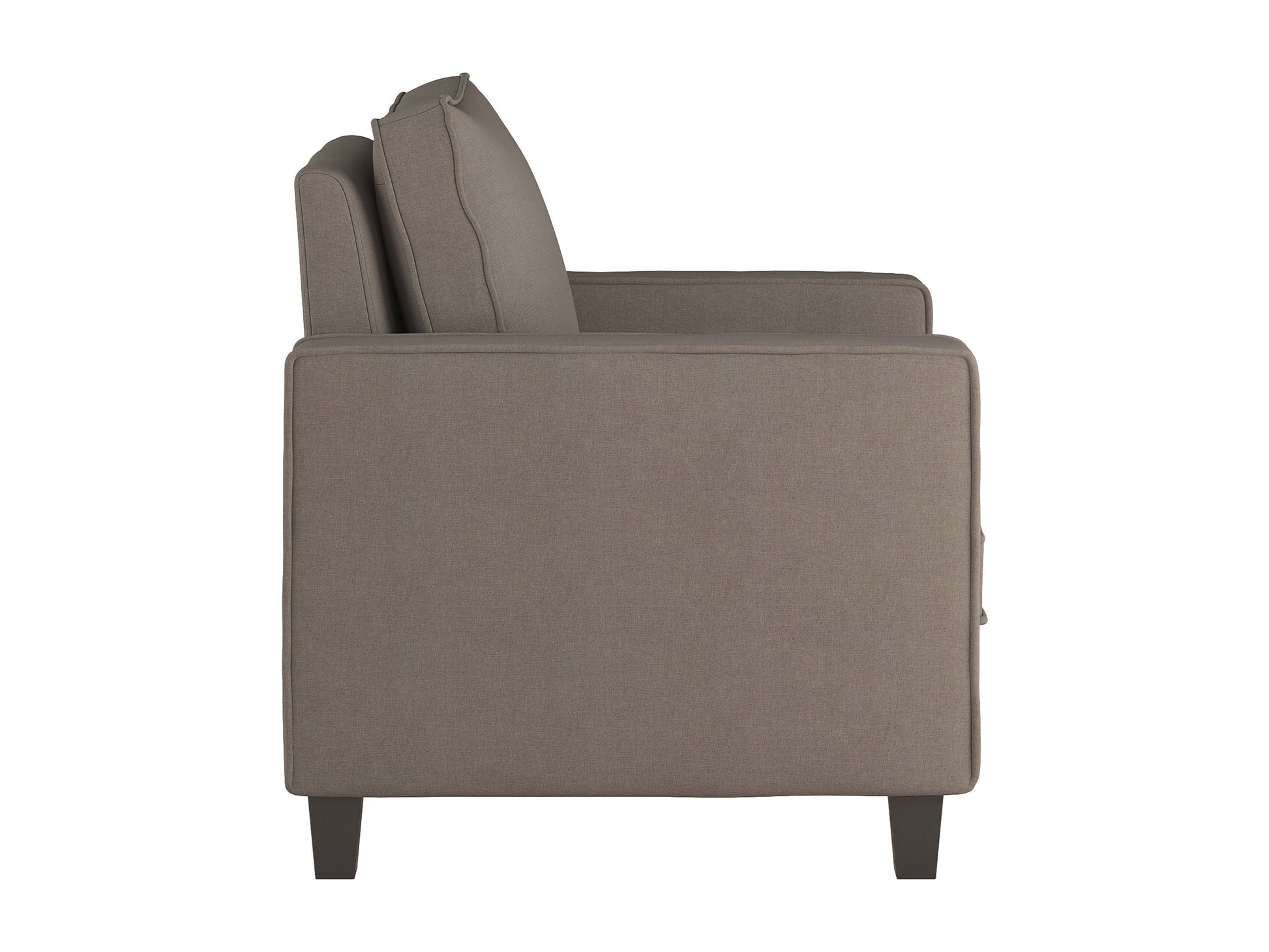 Mid-century modern taupe armchair with wooden legs and tufted cushions, perfect for stylish living rooms.