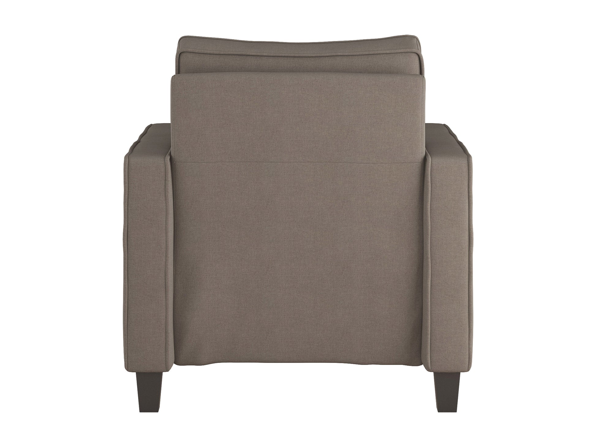 Mid-century modern taupe arm chair with wooden legs, tufted backrest, and sleek design.