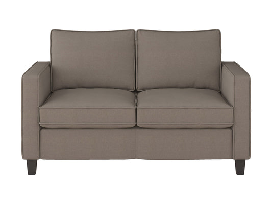 Taupe 2 seater loveseat with tufted cushions, wooden legs, and contemporary design.