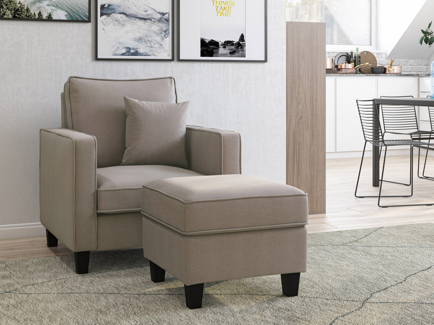 Taupe fabric armchair with matching ottoman, wooden legs, and tufted cushions for a modern living room.