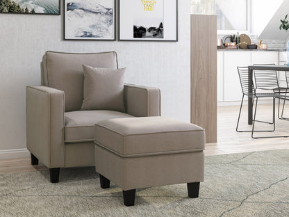 Taupe fabric armchair with matching ottoman, wooden legs, and tufted cushions for a modern living room.