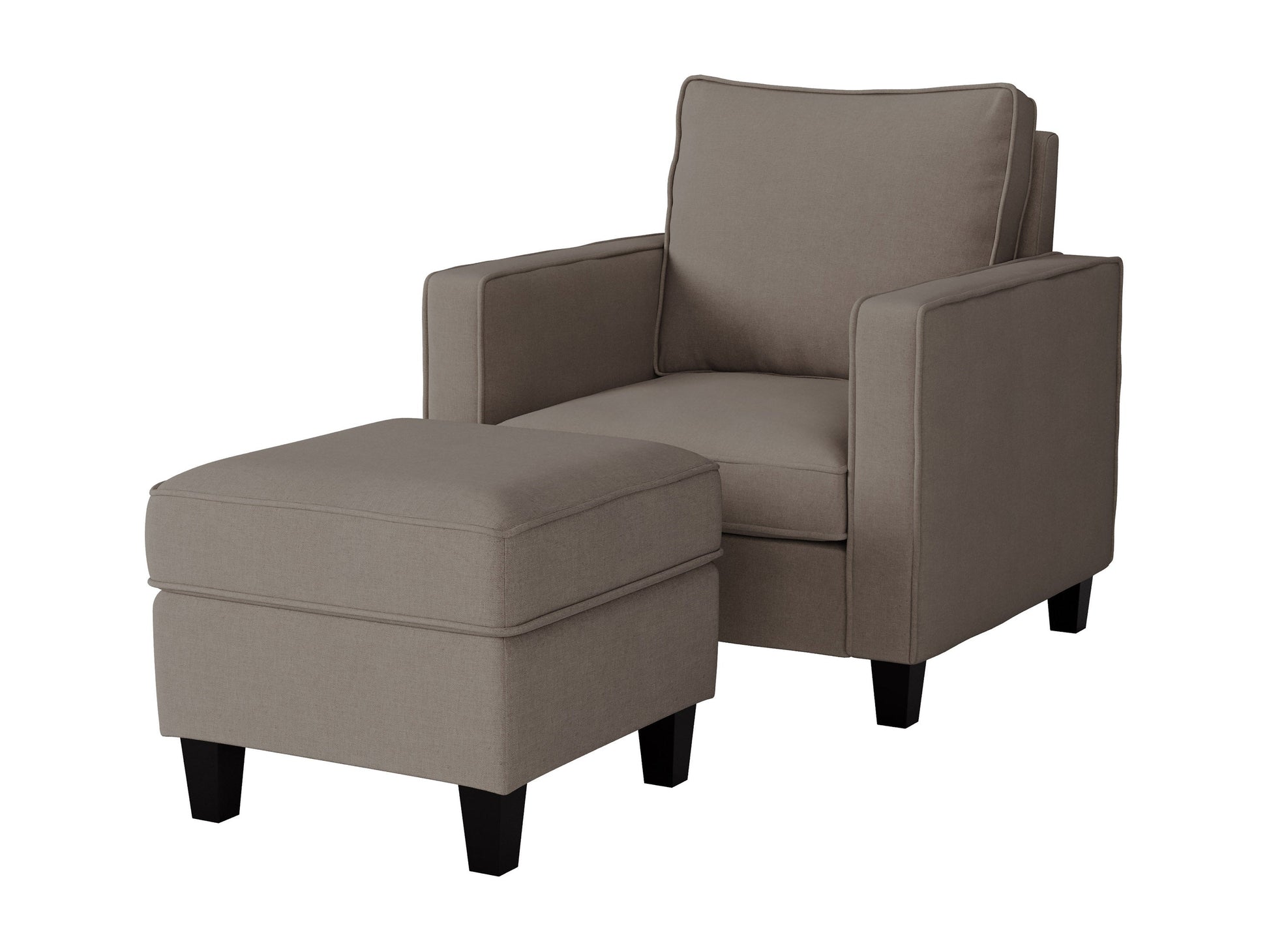 Taupe fabric armchair with ottoman, wooden legs, and tufted cushions for living room.