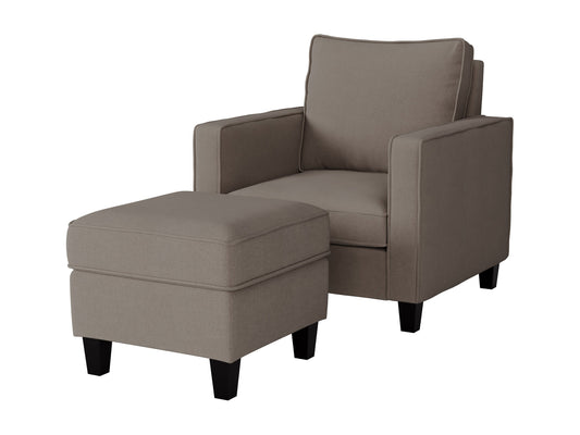 Taupe fabric armchair with ottoman, wooden legs, and tufted cushions for living room.