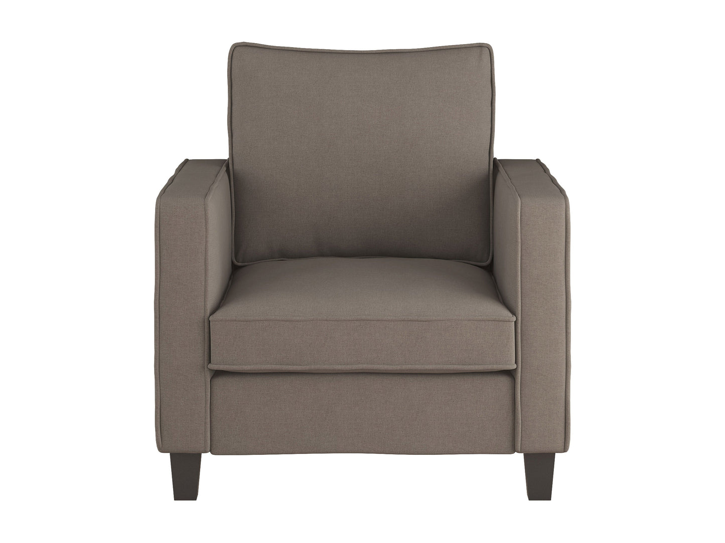 Taupe fabric armchair with matching ottoman, wooden legs, and tufted cushions, perfect for modern living rooms.