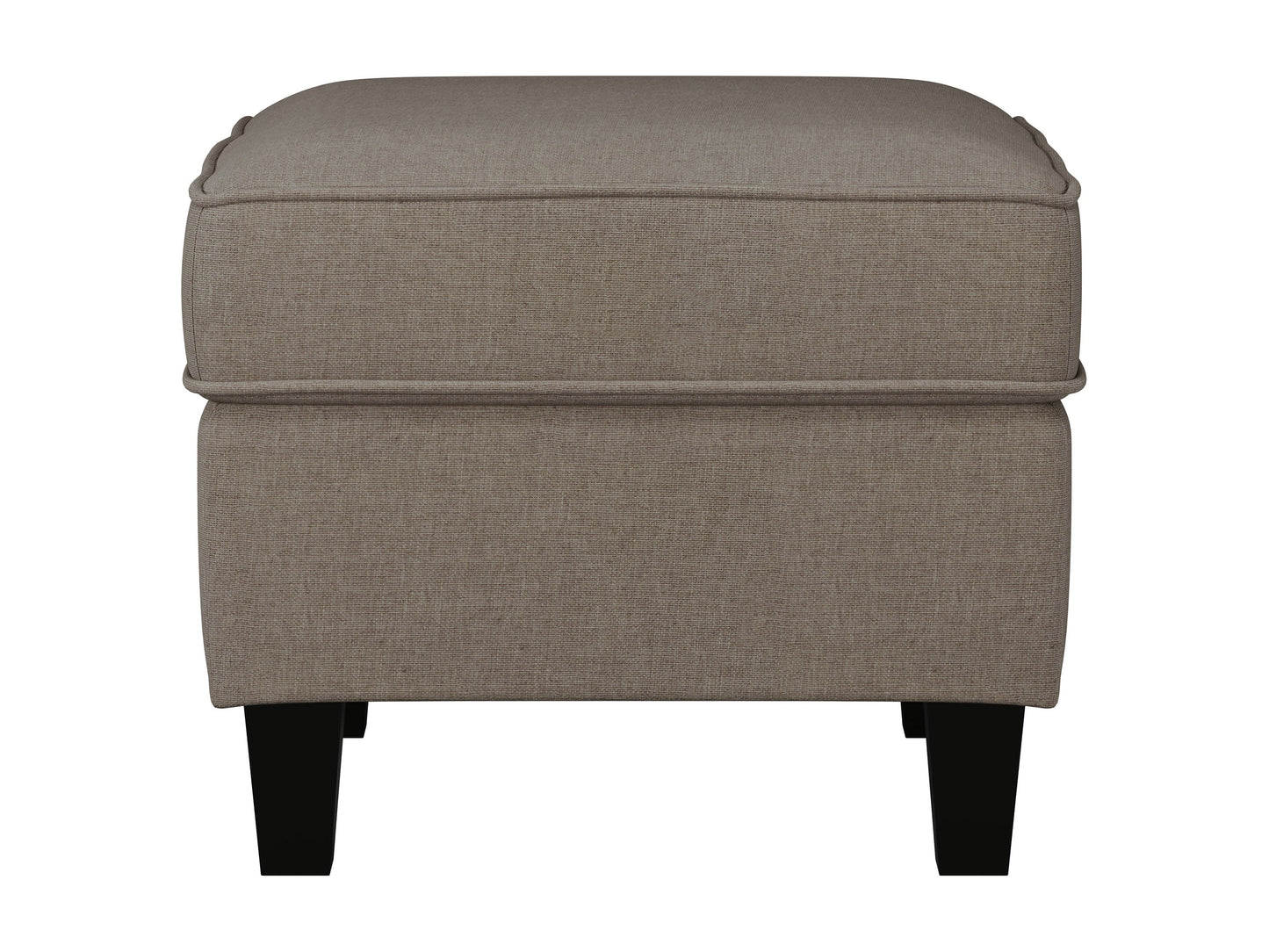 Taupe fabric armchair and ottoman set with wooden legs, tufted cushions, and modern design.