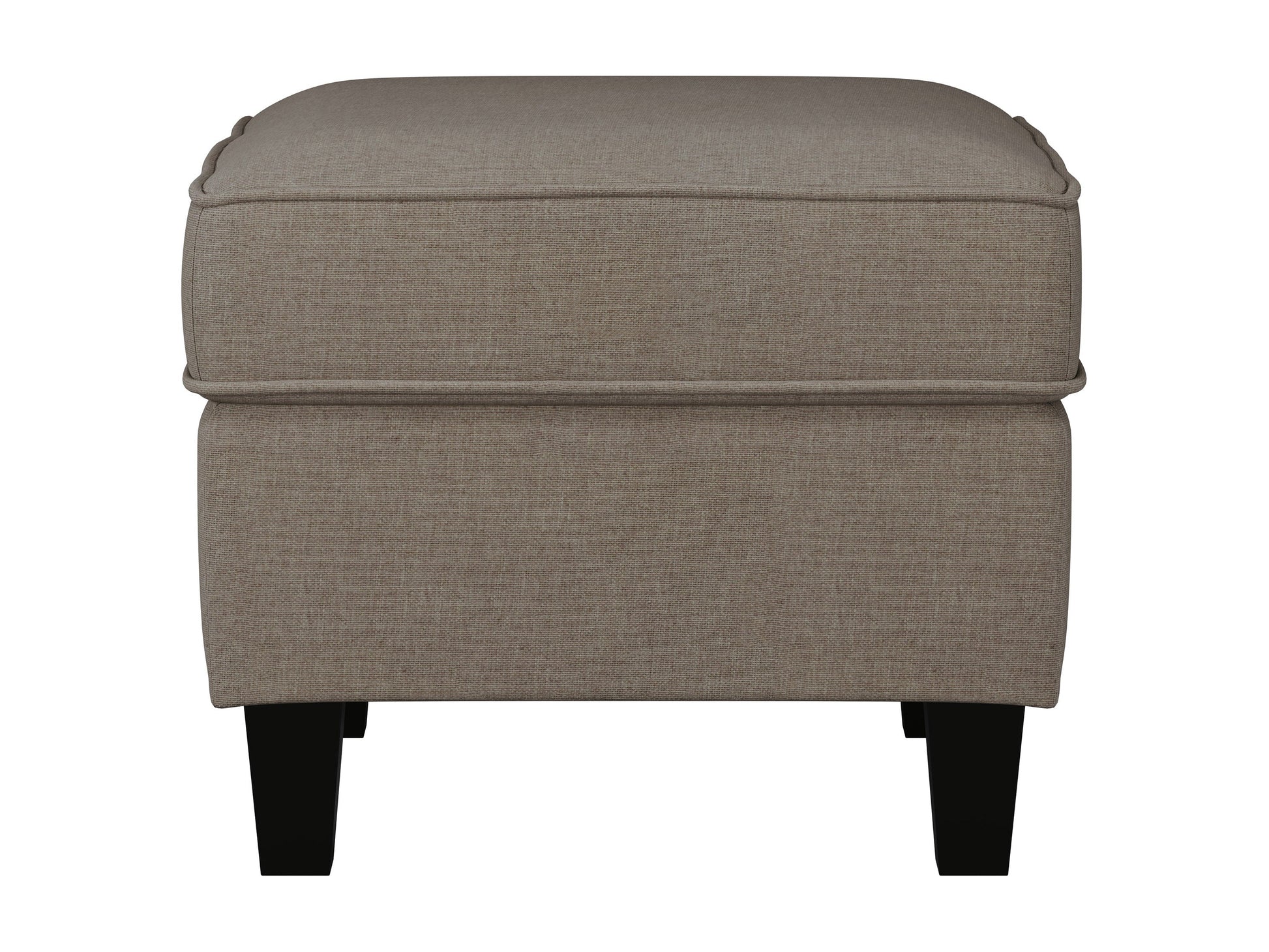 Taupe fabric armchair and ottoman set with wooden legs, tufted cushions, and modern design.