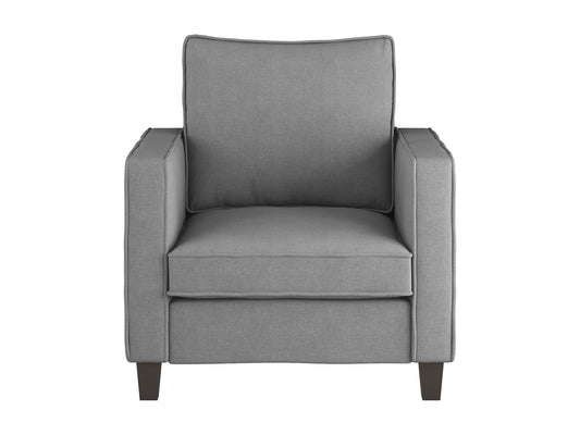 Light grey mid-century modern armchair with wooden legs and tufted backrest.