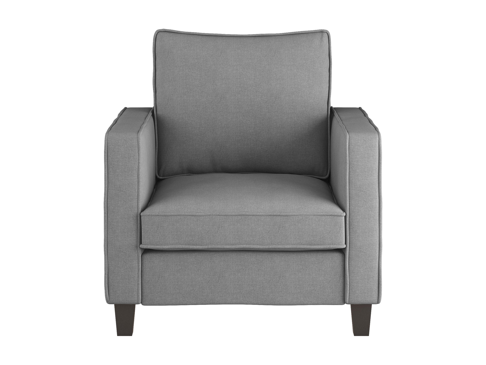 Light grey mid-century modern armchair with wooden legs and tufted backrest.