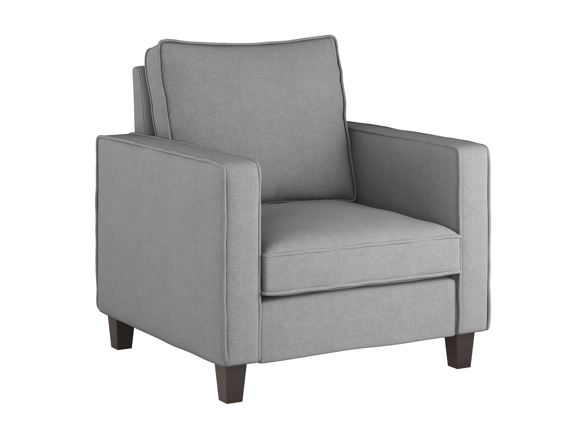 Light grey mid-century modern arm chair with wooden legs and tufted backrest.
