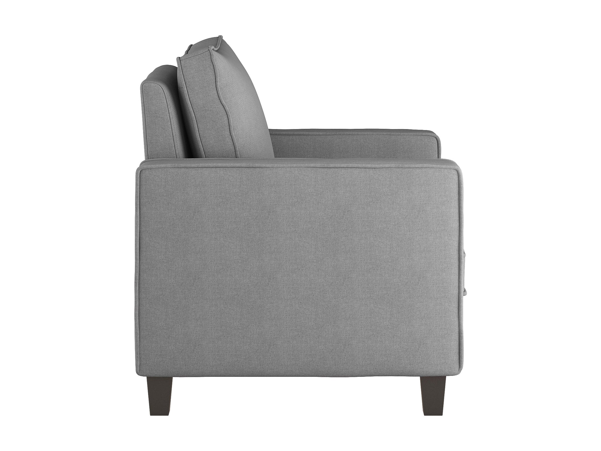 Mid-century modern light grey armchair with wooden legs, tufted backrest, and sleek design.