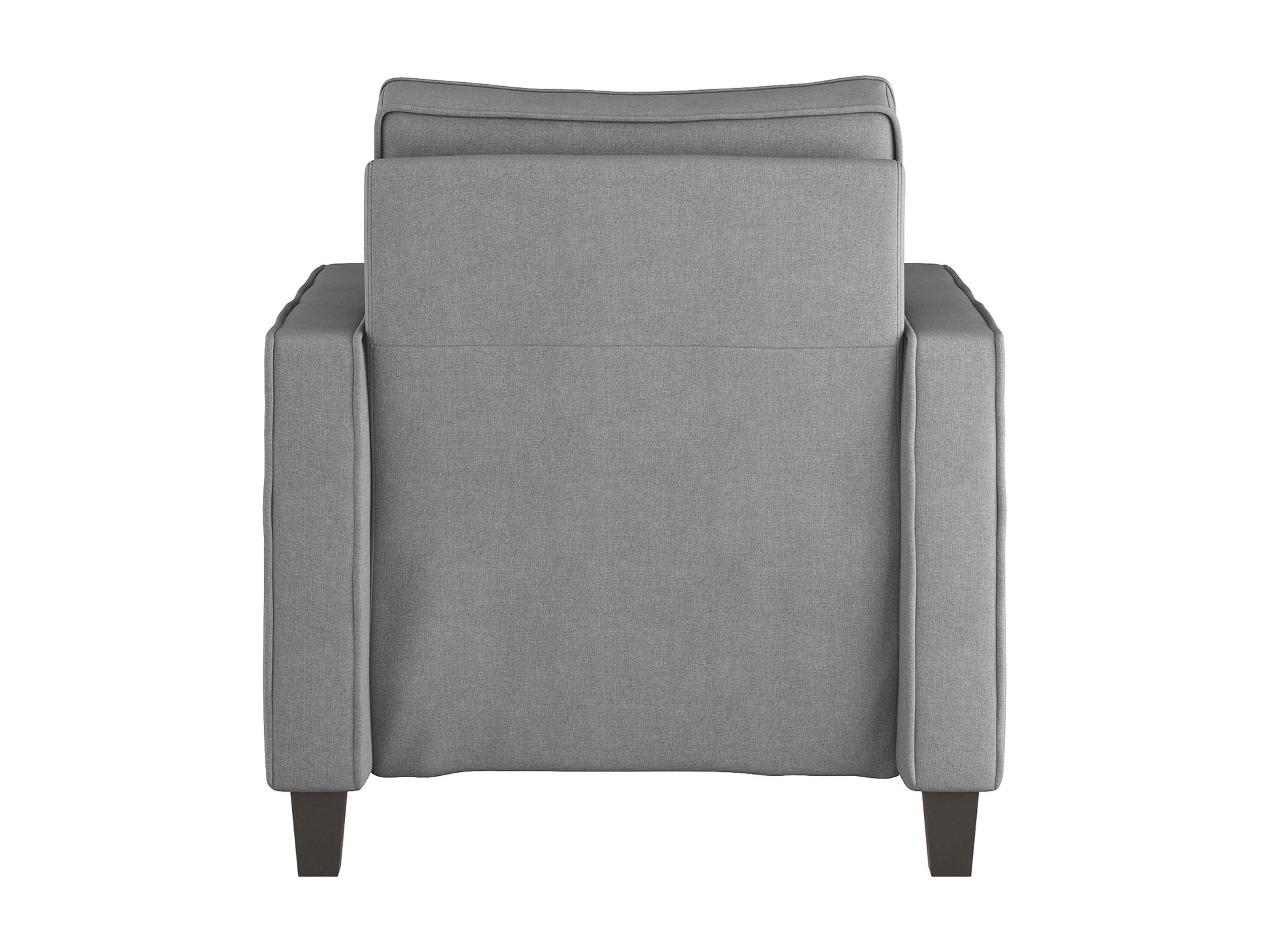 Light grey mid-century modern arm chair with wooden legs and tufted backrest.