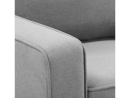 Compact dark grey loveseat with wooden legs, tufted backrest, and plush cushions for modern living spaces.