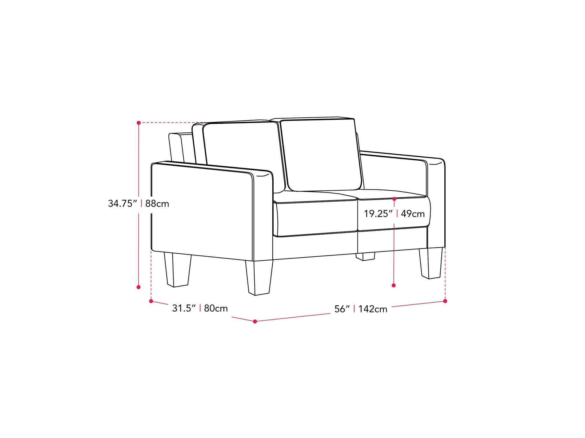 Grey fabric 2 seater loveseat with wooden legs, tufted cushions, and minimalist design