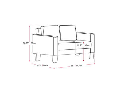 Grey fabric 2 seater loveseat with wooden legs, tufted cushions, and minimalist design