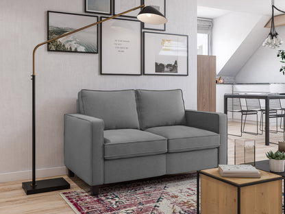 Grey 2 seater loveseat with tufted cushions, wooden legs, and modern minimalist design.