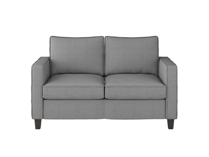 Mid-century modern 2 seater loveseat, grey fabric upholstery, wooden legs, tufted cushions, compact and stylish design.