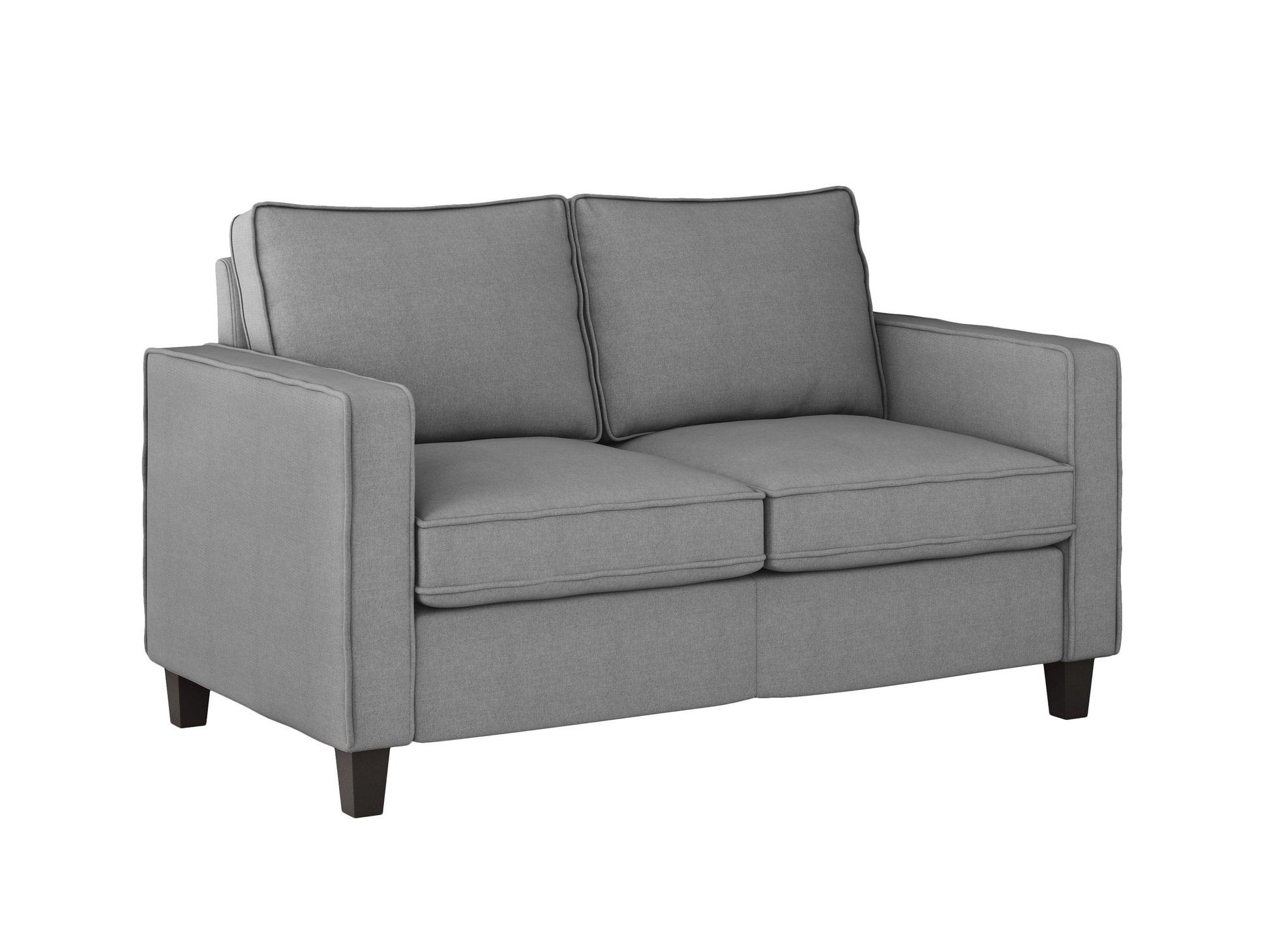 Grey 2-seater loveseat with tufted cushions, wooden legs, and modern minimalist design.