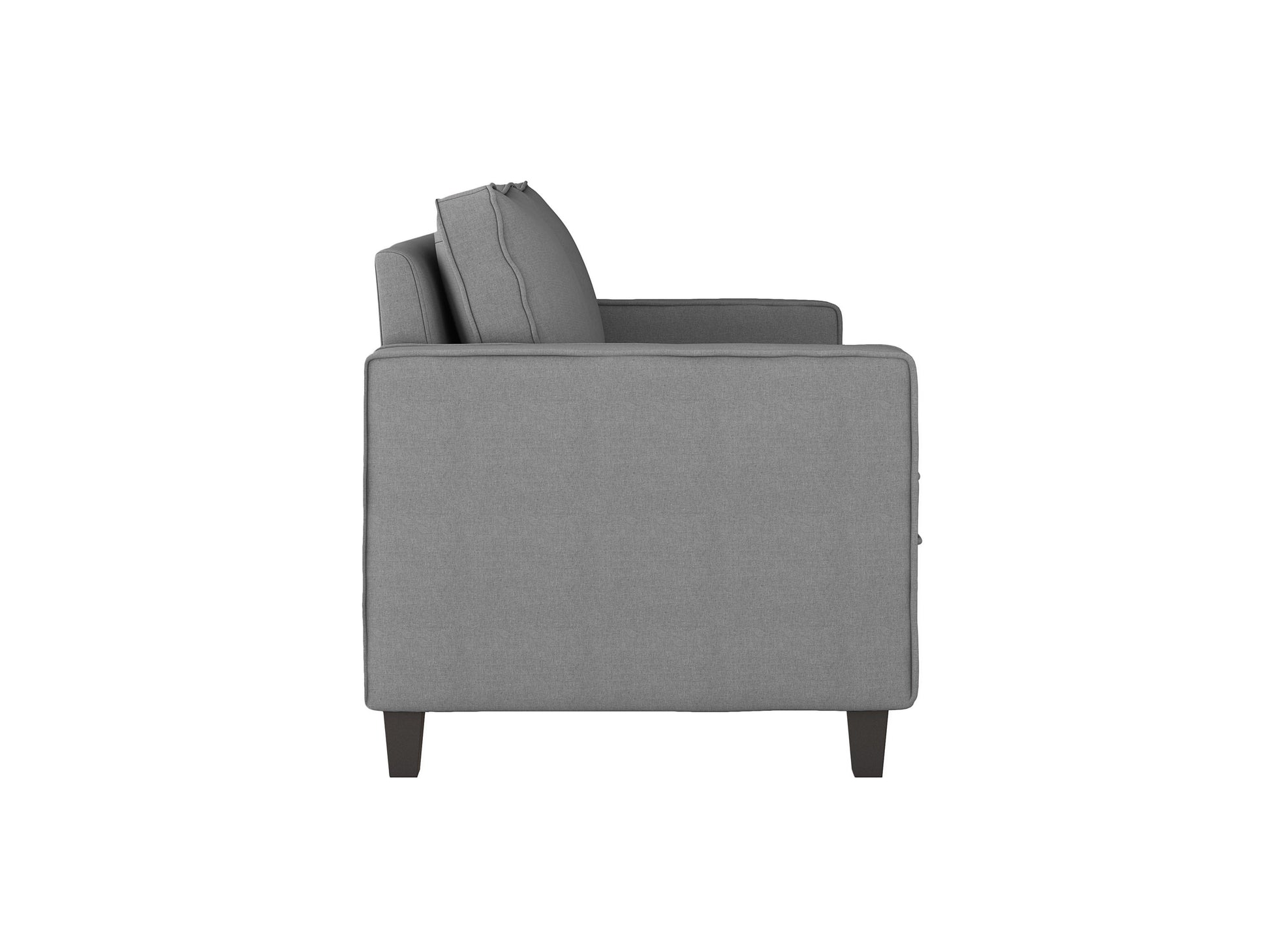 Contemporary grey fabric loveseat with wooden legs, tufted backrest, and plush cushions for a cozy seating experience.