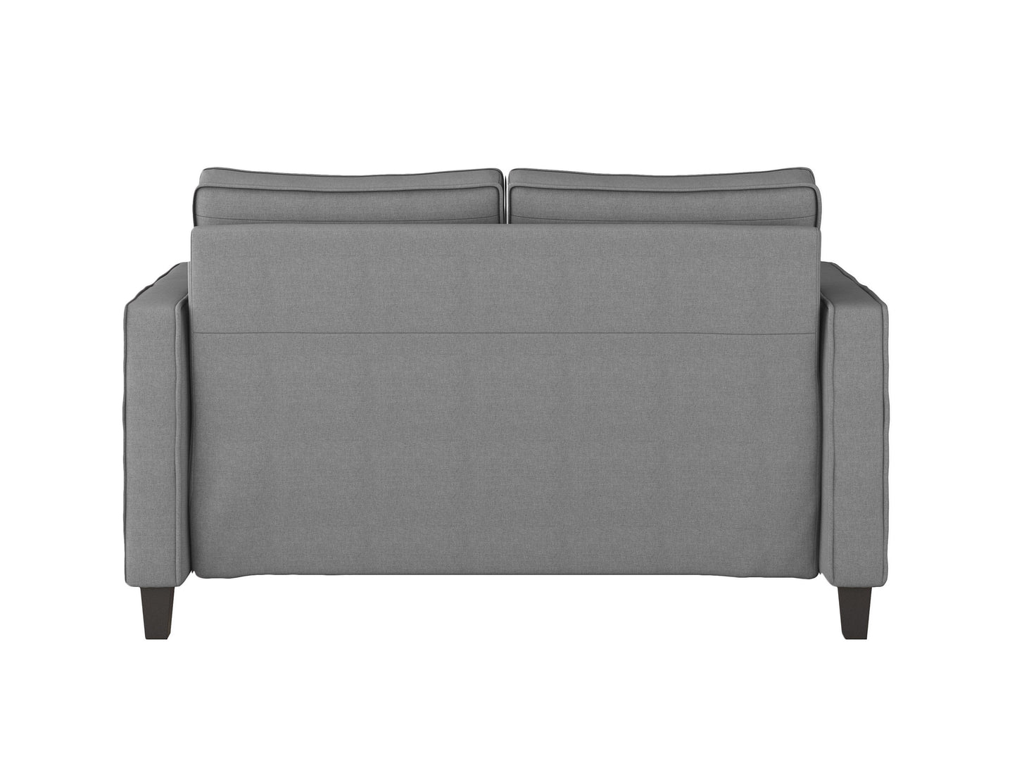 Grey 2 seater loveseat with wooden legs, tufted cushions, and modern minimalist design for small spaces.