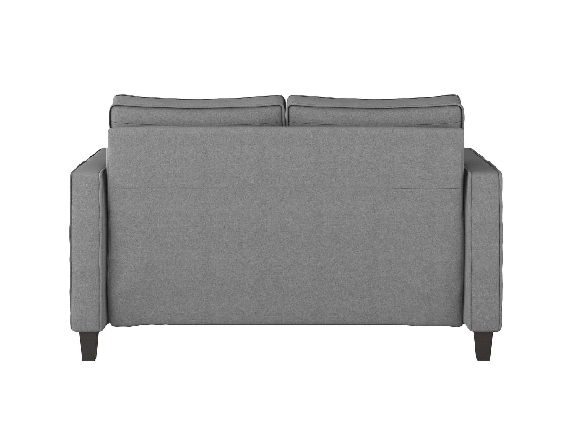 Grey 2 seater loveseat with wooden legs, tufted cushions, and modern minimalist design for small spaces.