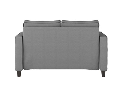 Grey 2 seater loveseat with wooden legs, tufted cushions, and modern minimalist design for small spaces.