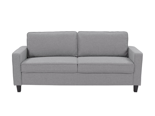 Light grey 3-seater sofa with tufted cushions and wooden legs, modern minimalist design, comfortable fabric upholstery.