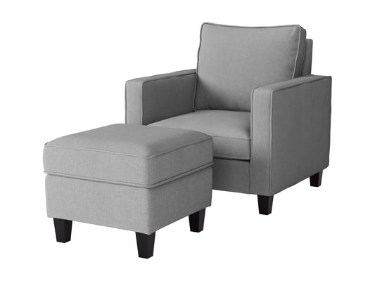 Light grey fabric armchair with matching ottoman, wooden legs, and tufted cushions.