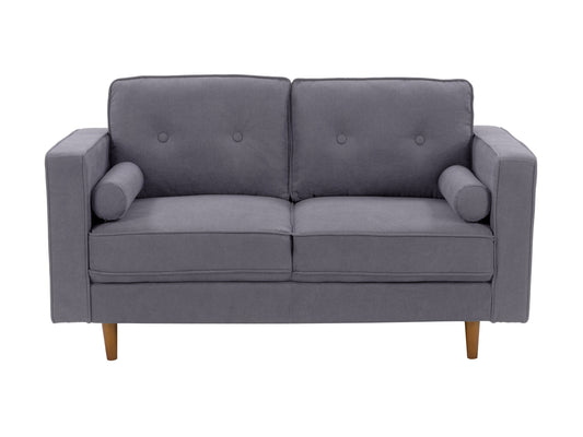 Grey 2-seater loveseat sofa with tufted cushions, wooden legs, and modern minimalist design.