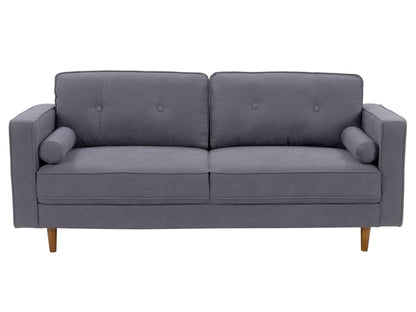 Grey 3 seater sofa with wooden legs, tufted cushions, and modern design