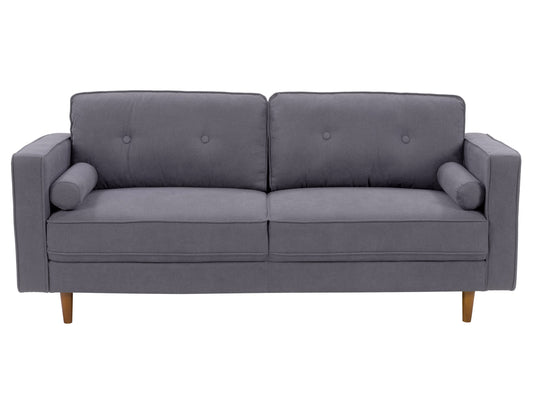 Grey 3 seater sofa with wooden legs, tufted cushions, and modern design