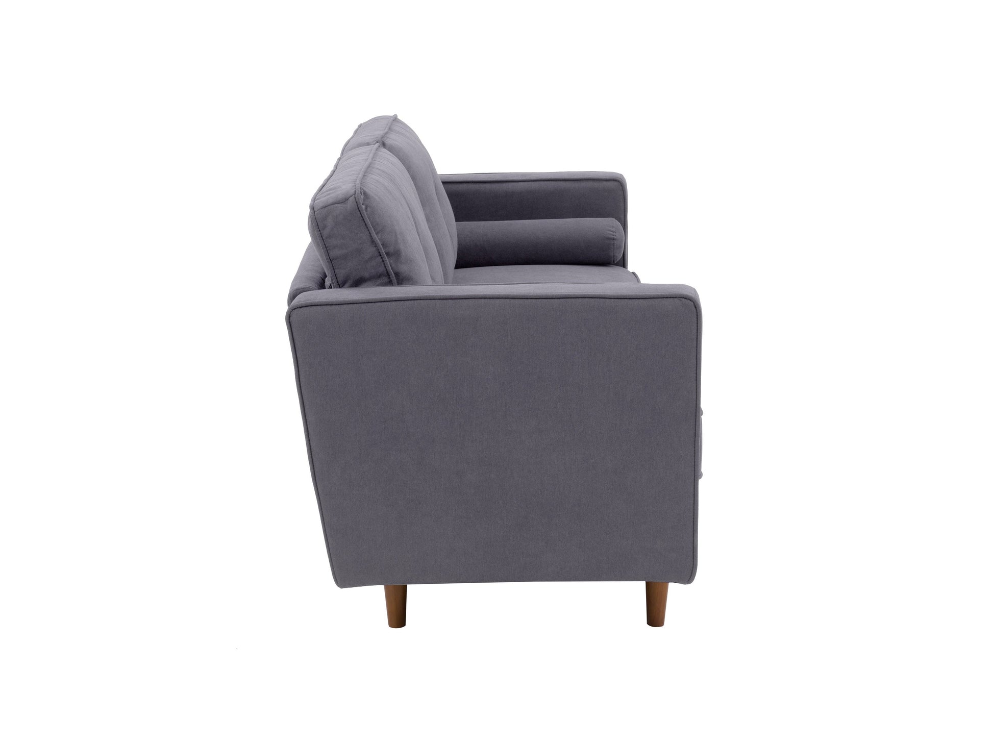 Grey 3-seater sofa with wooden legs, tufted cushions, and modern minimalist design.