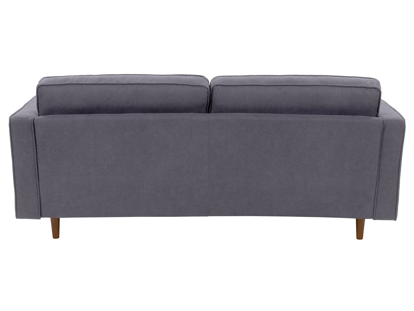 Grey 3 seater sofa with wooden legs, tufted backrest, and modern minimalist design.