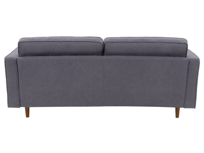 Grey 3 seater sofa with wooden legs, tufted backrest, and modern minimalist design.