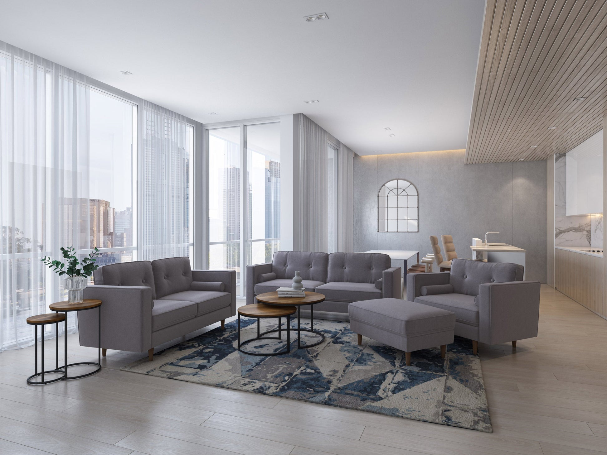 Grey 4-piece living room sofa set with tufted cushions, wooden legs, and modern minimalist design.