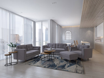 Grey 4-piece living room sofa set with tufted cushions, wooden legs, and modern minimalist design.