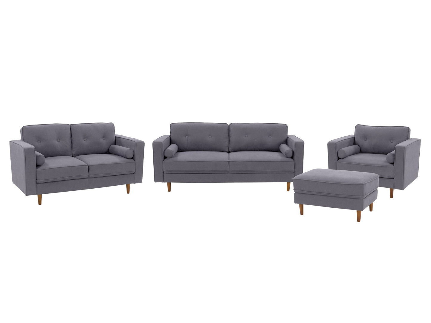 Grey 4-piece living room sofa set with tufted cushions, wooden legs, and modern design.