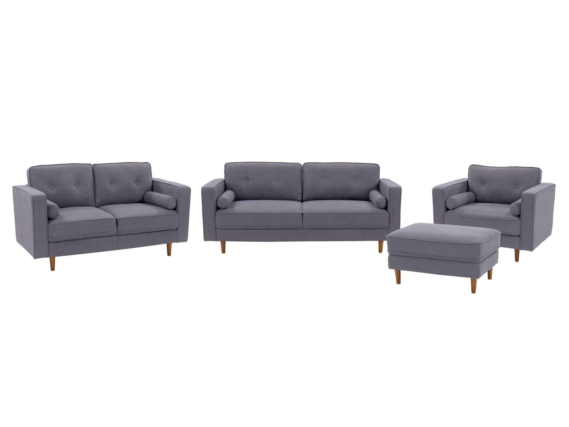 Grey 4-piece living room sofa set with tufted cushions, wooden legs, and modern design.