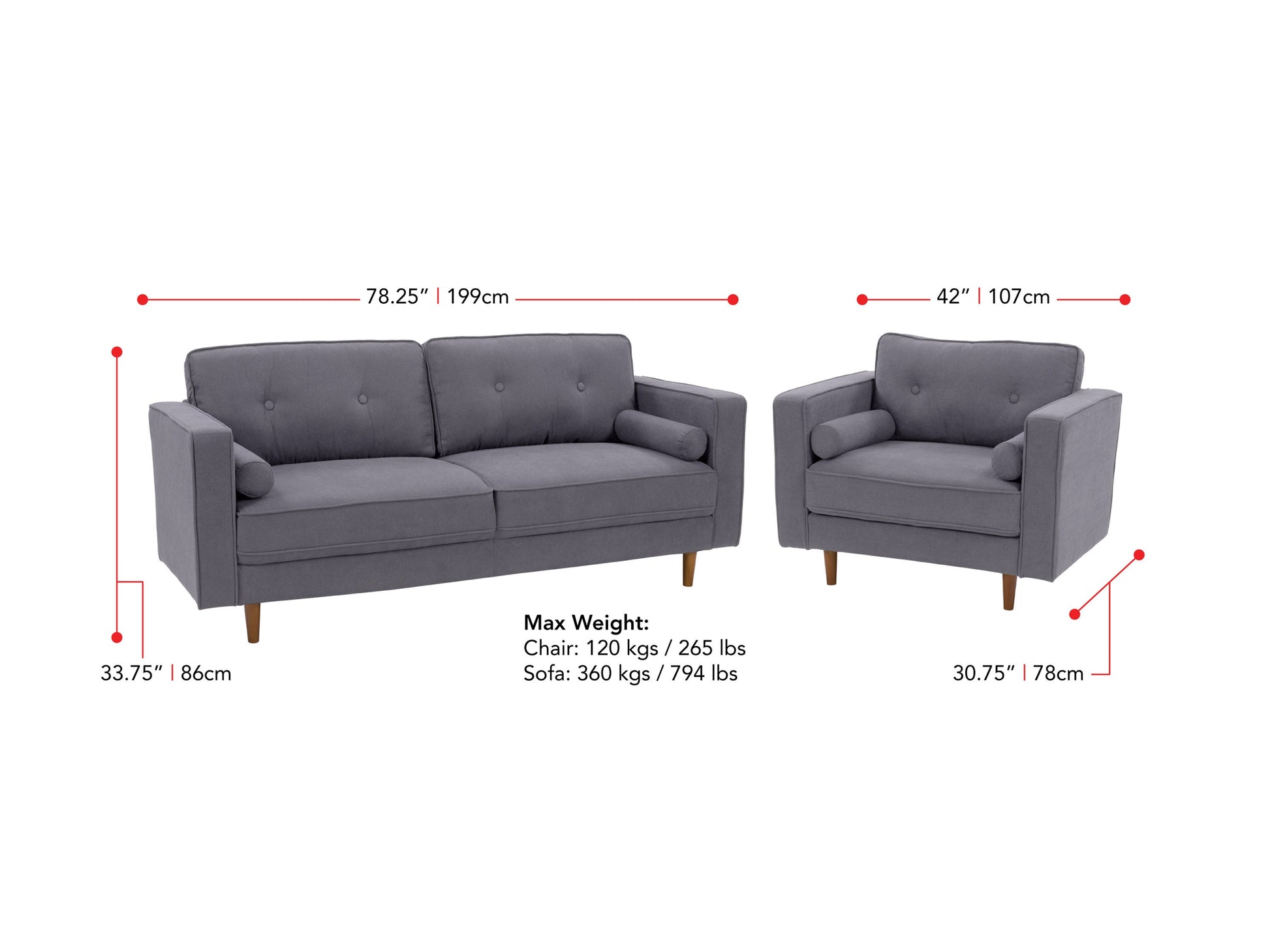 Grey fabric sofa and chair set with wooden legs, tufted cushions, and modern minimalist design.