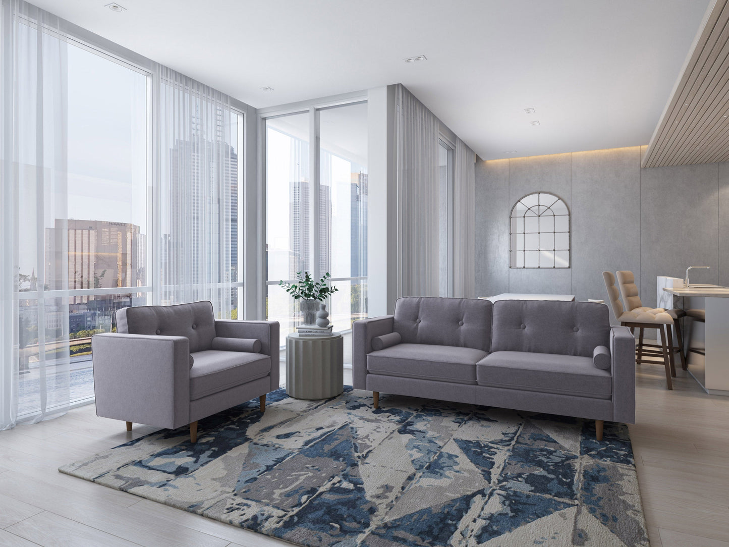 Grey fabric sofa and chair set with wooden legs, tufted cushions, and modern minimalist design.